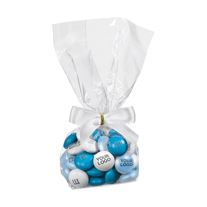 Zakje met strik gevuld met 40 gram gepersonaliseerde M&M's met logo
