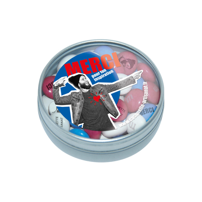 Rond metalen blikje met transparant deksel en gepersonaliseerde M&M's