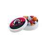 Rond blikje van 5 cm doorsnee met gepersonaliseerde M&M's en eigen bedrukking