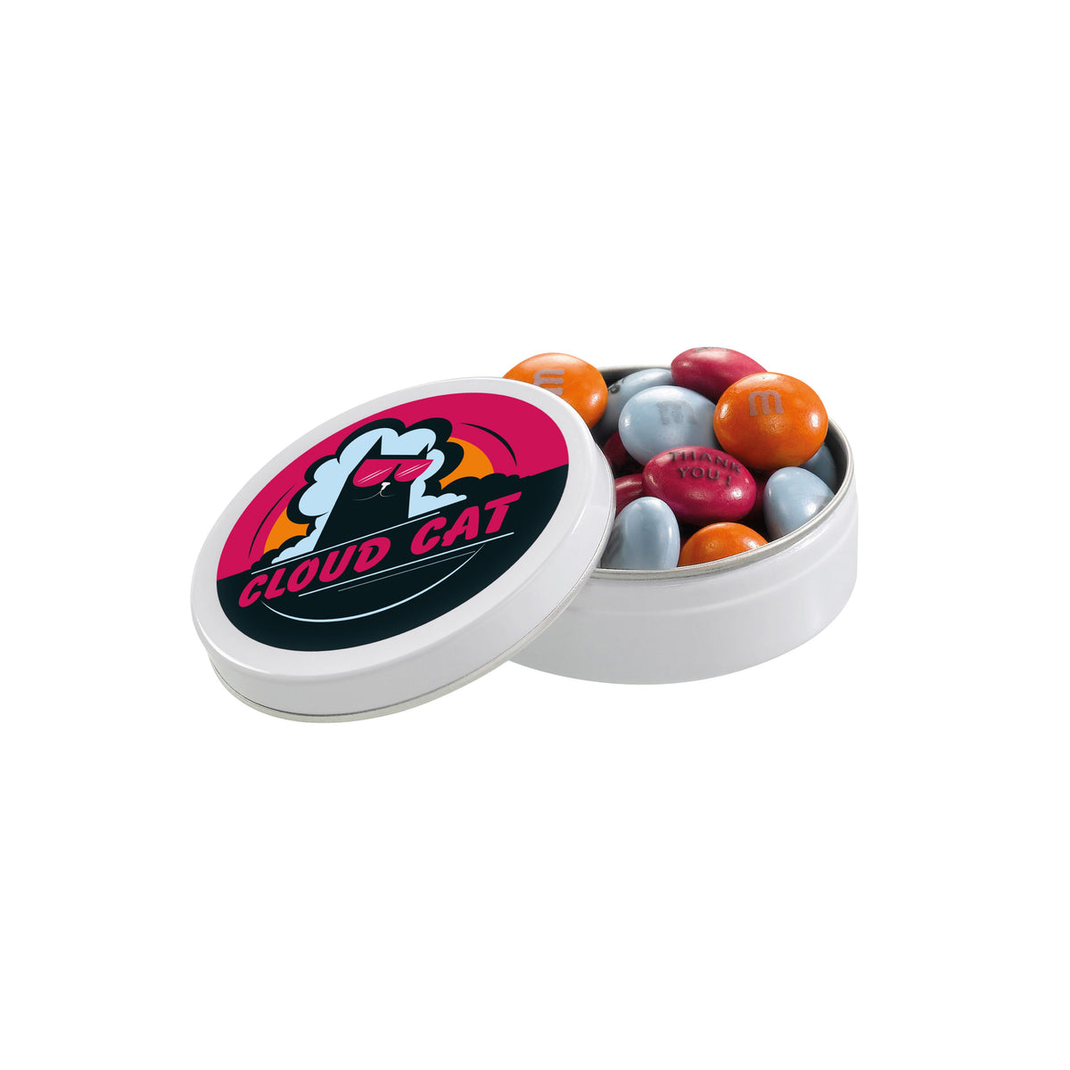Rond blikje van 5 cm doorsnee met gepersonaliseerde M&M's en eigen bedrukking