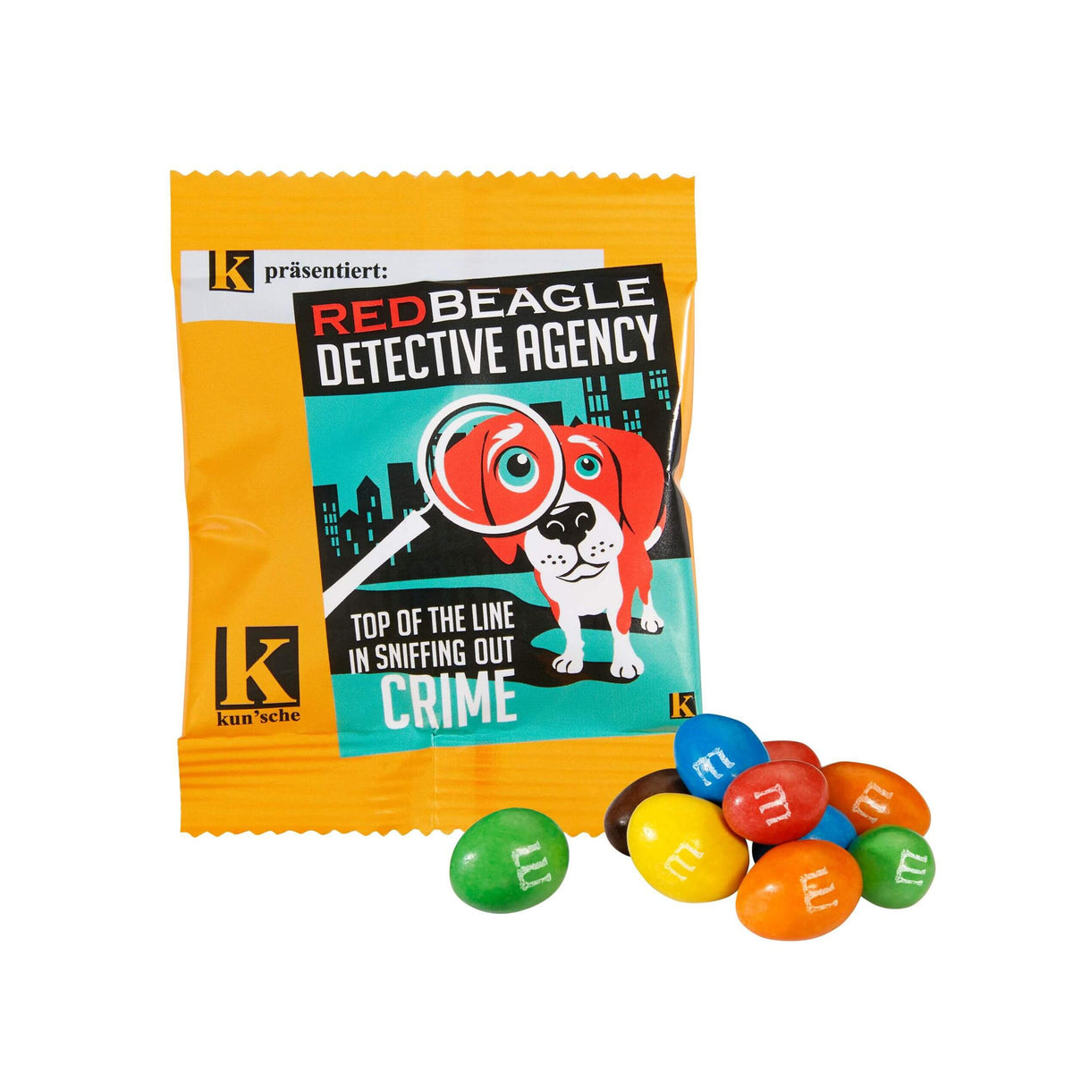 Wit foliezakje met pinda M&M's en all-over full colour bedrukking