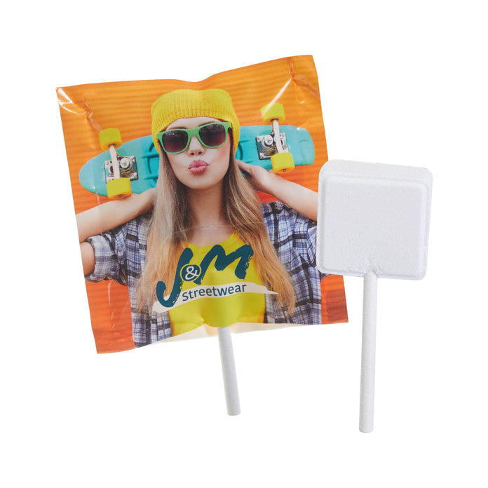 Druivensuiker lolly in witte folie met all-over full colour bedrukking