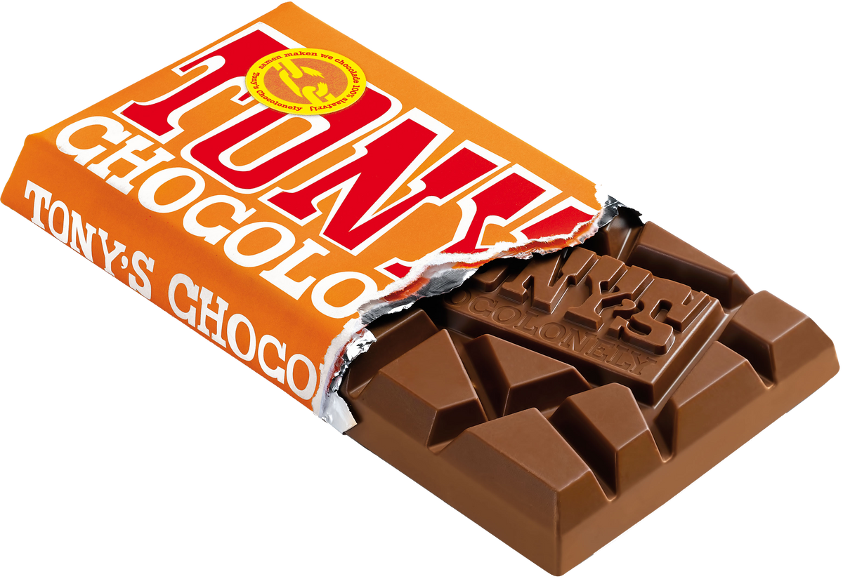Tony's Chocolonely reep melk karamel zeezout, geopende verpakking