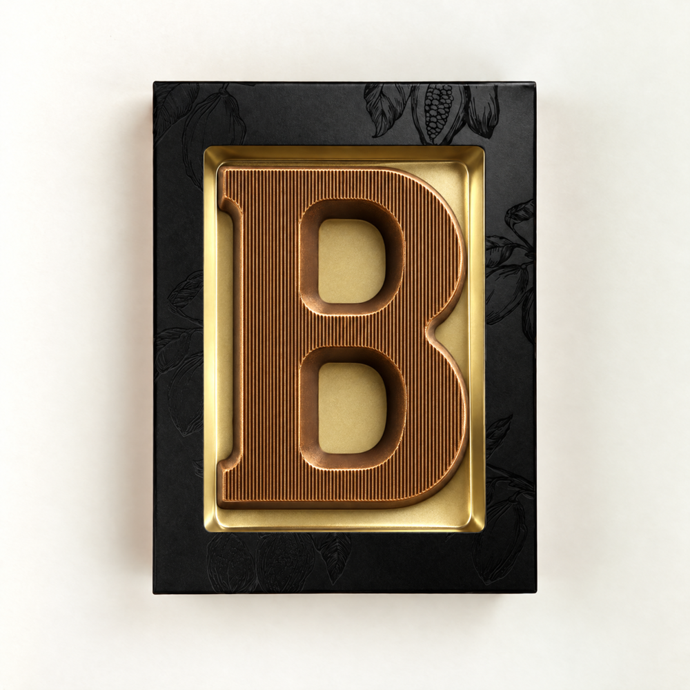 Bronzen chocoladeletter B van 80 gram melkchocolade in vensterdoos