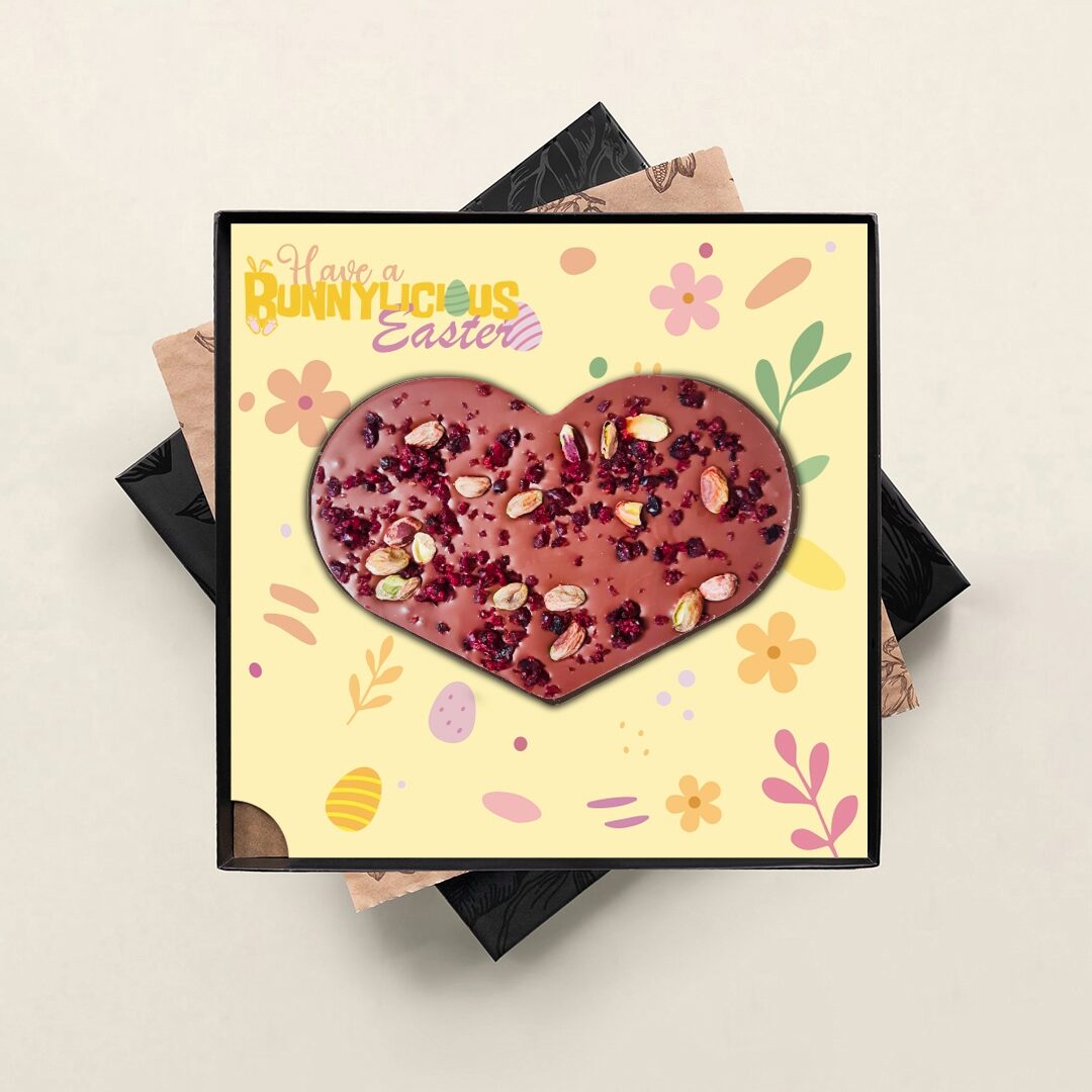 Chocolade hart in geschenkdoos, uitvoering Bunnylicious Easter, notenmix