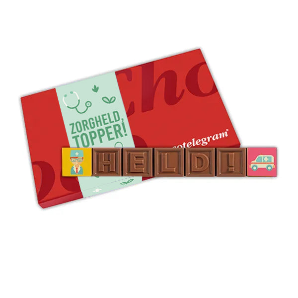 Chocoladetelegram met tekst, uitvoering held! (7 blokjes)