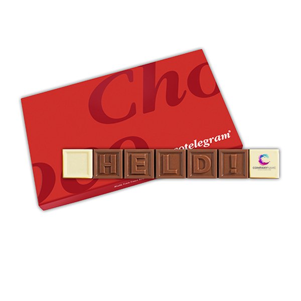 Chocoladetelegram met tekst, uitvoering held! met logo (7 blokjes)