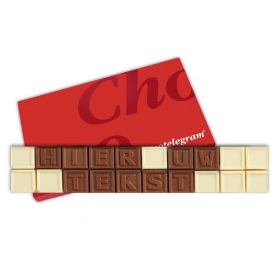 Chocoladetelegram met eigen tekst, uitvoering 20 blokjes
