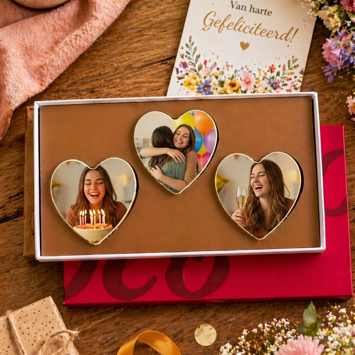 Chocoladeharten bedrukt met foto of tekst
