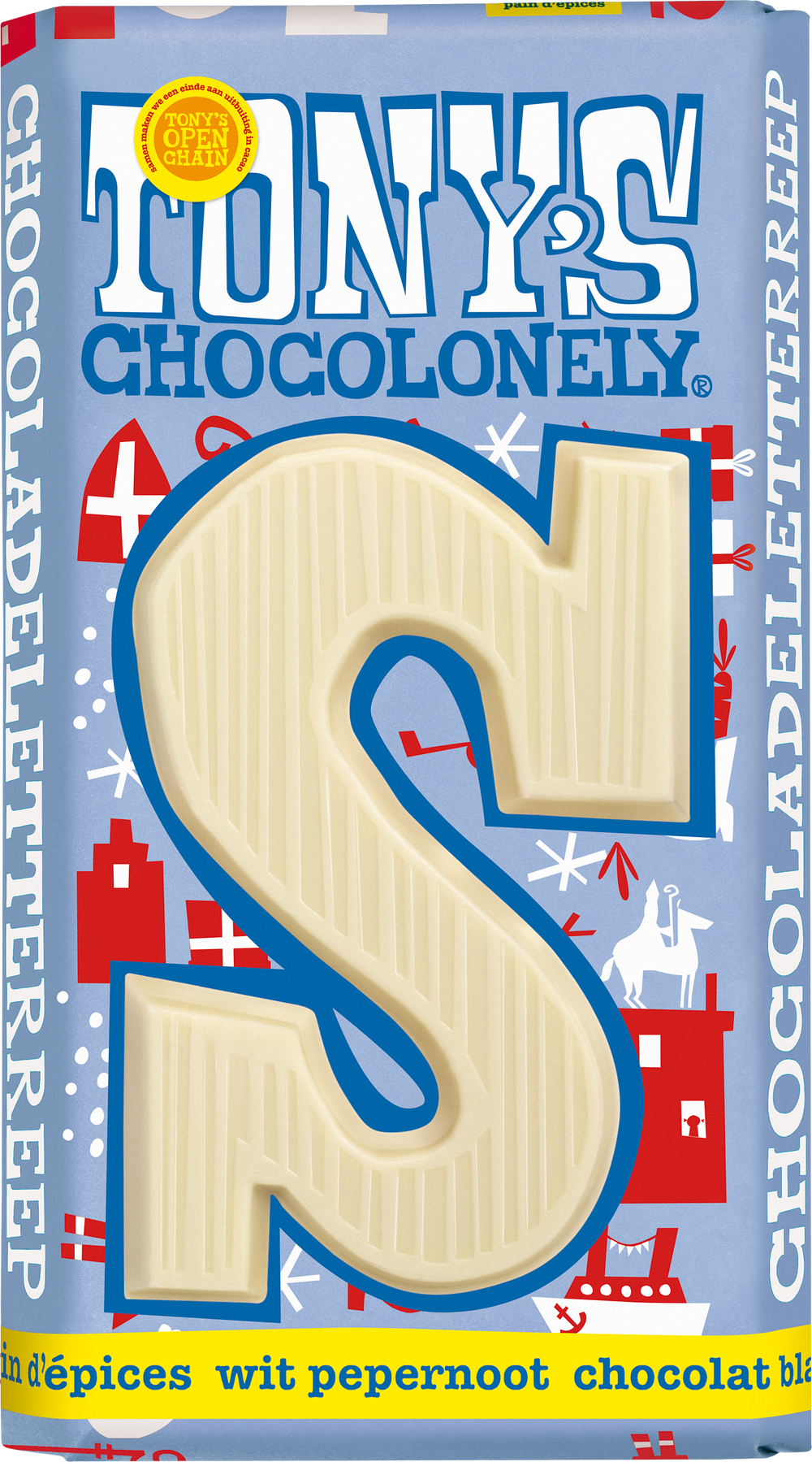 Tony's Chocolonely letterreep S wit pepernoot, voorkant van de verpakking