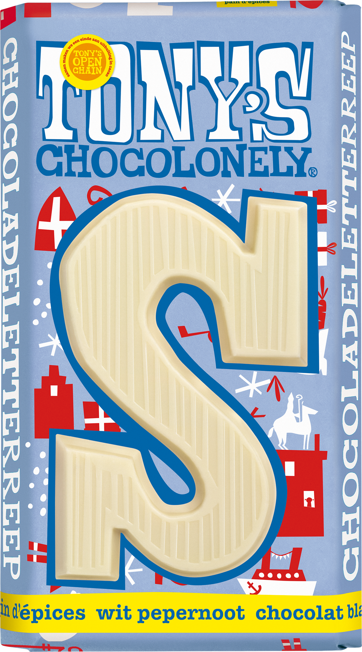 Tony's Chocolonely letterreep S wit pepernoot, voorkant van de verpakking