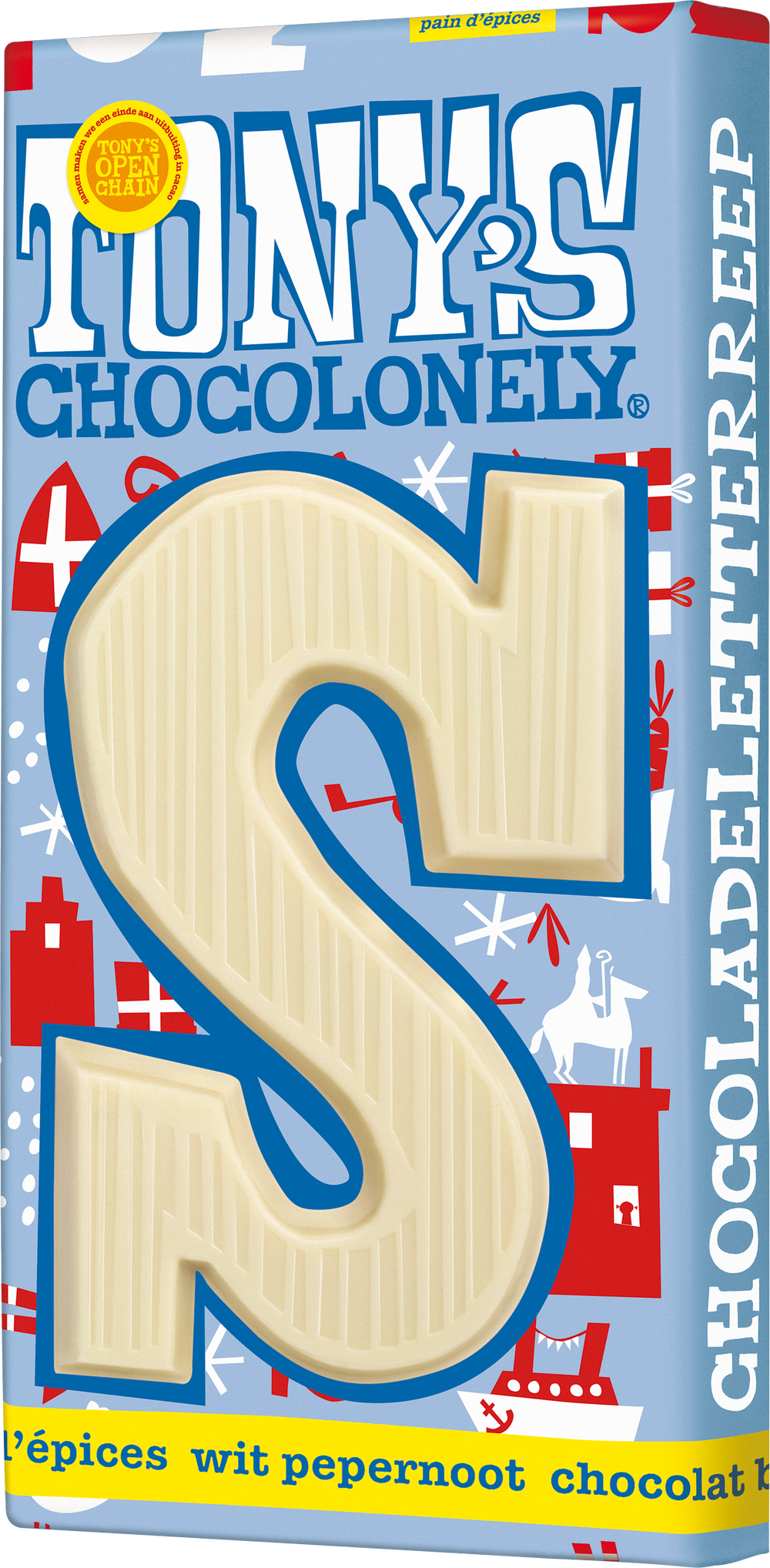 Tony's Chocolonely letterreep S wit pepernoot, verpakking schuin van voren