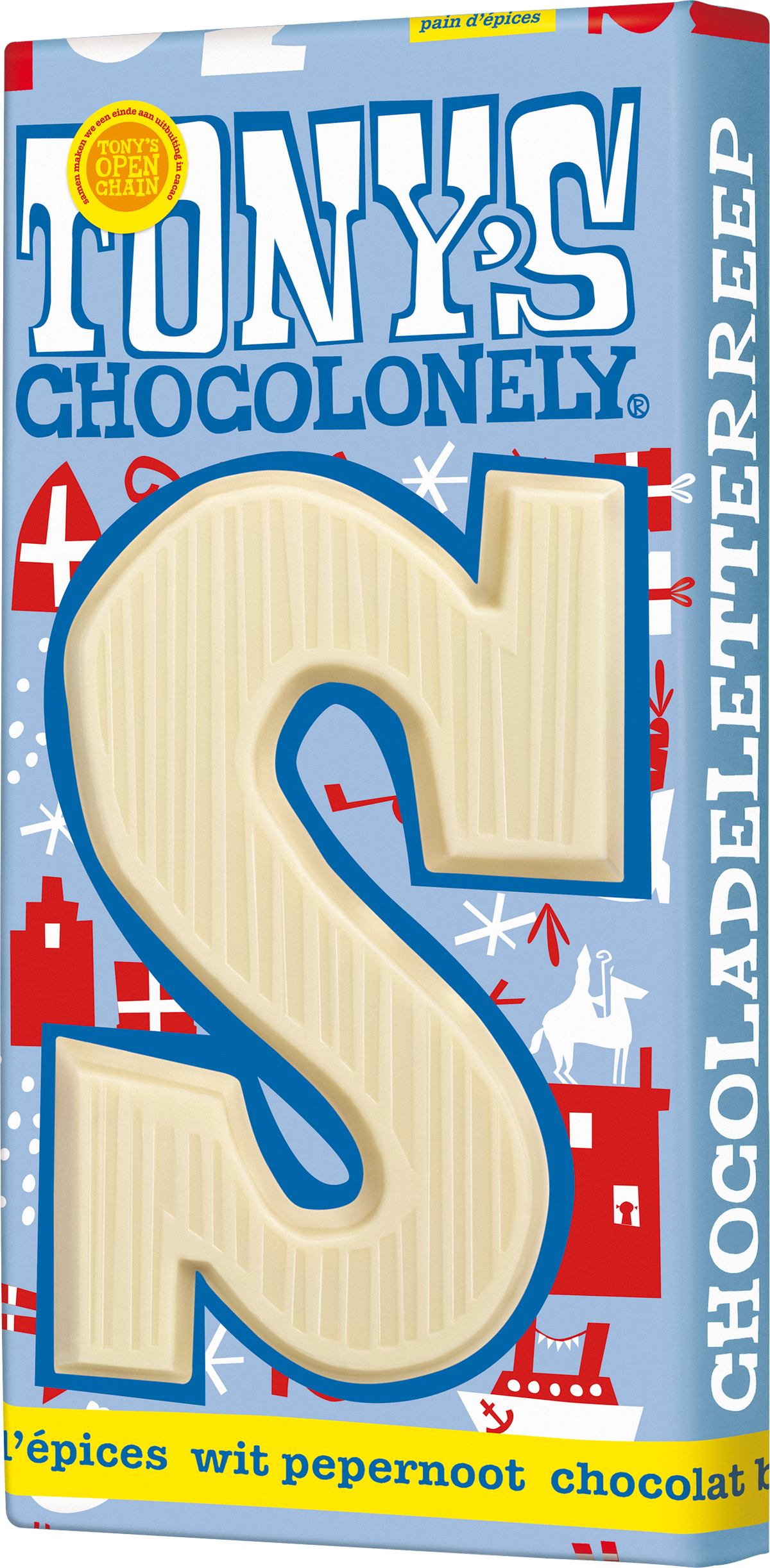 Tony's Chocolonely letterreep S wit pepernoot, verpakking schuin van voren