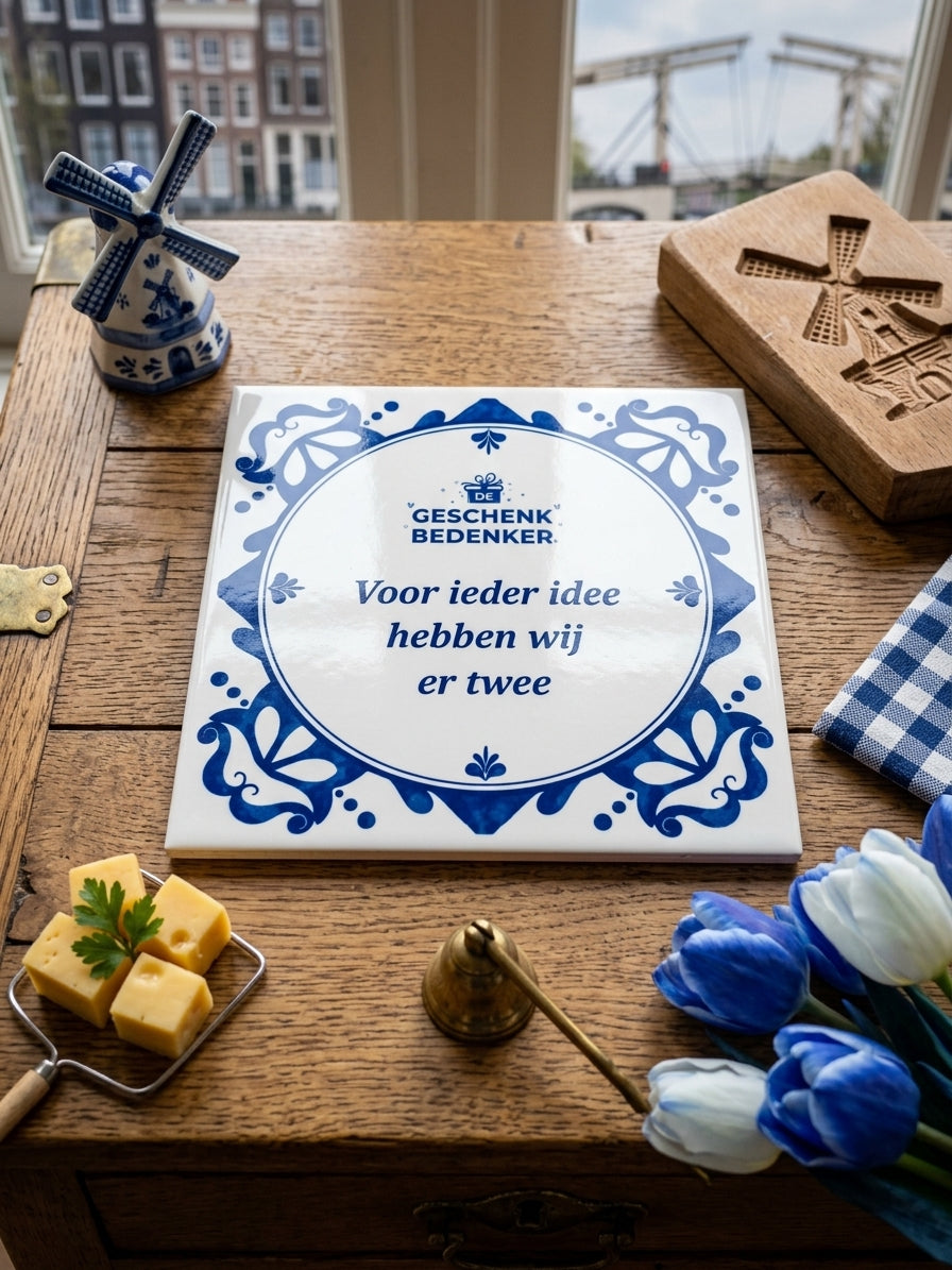 Delfts blauw tegeltje met logo en tekst op een standaard, voor een raam met uitzicht op een gracht