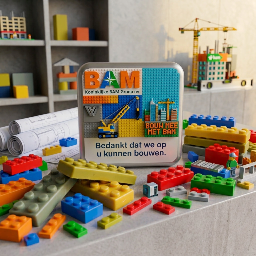 Bedrukt blik met chocolade lego en de tekst Bedankt dat we op u kunnen bouwen, tussen gekleurde bouwsteentjes