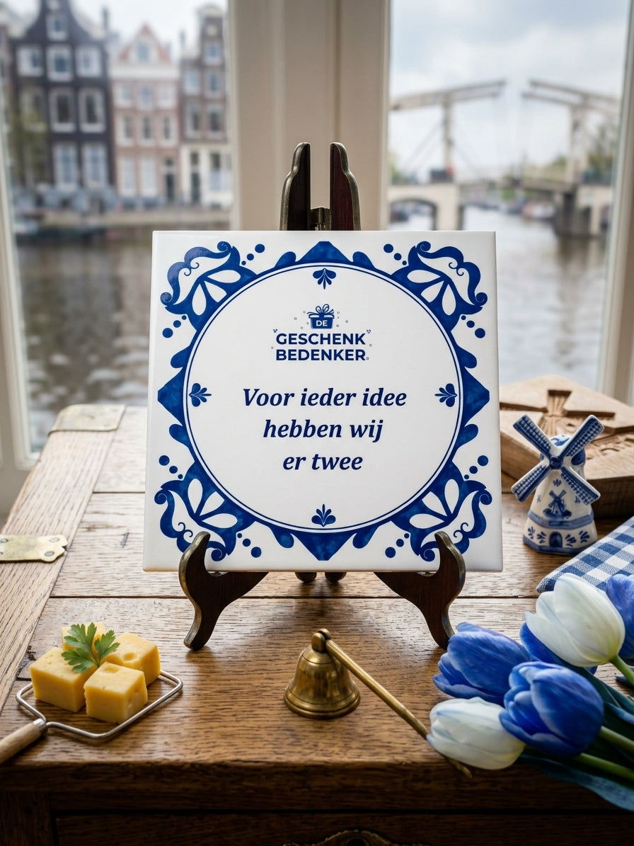 Tegeltje met eigen tekst en logo als Hollands relatiegeschenk op een houten tafel met tulpen, kaas en een molentje