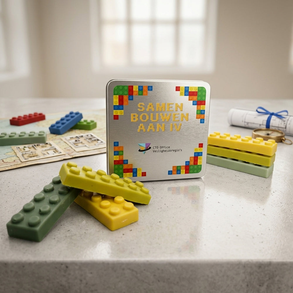 Plat bedrukt blik met de tekst Samen bouwen aan IV tussen chocolade bouwstenen in lego-stijl