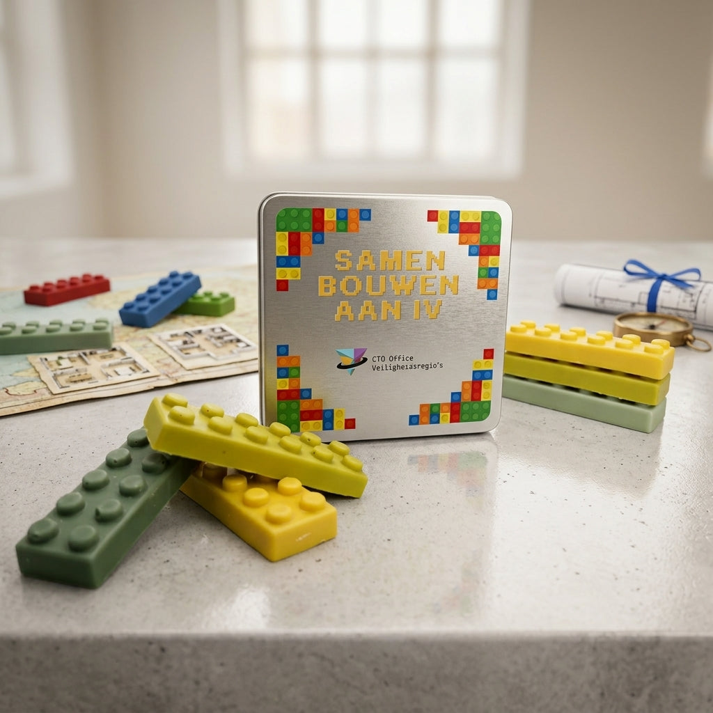 Plat bedrukt blik met de tekst Samen bouwen aan IV tussen chocolade bouwstenen in lego-stijl