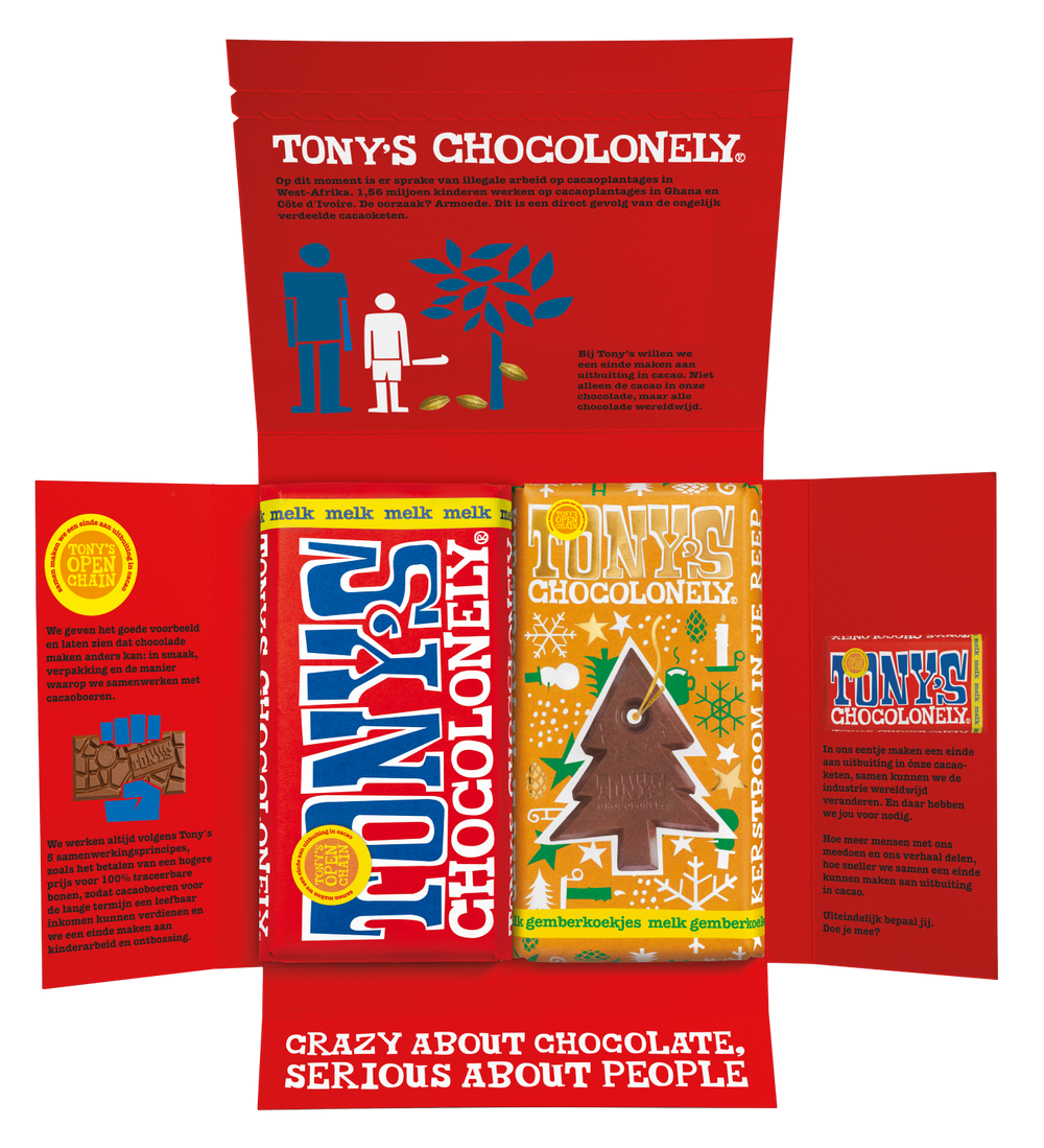 Tony's Chocolonely Kerst cadeauset melk en gemberkoekje, geopende verpakking