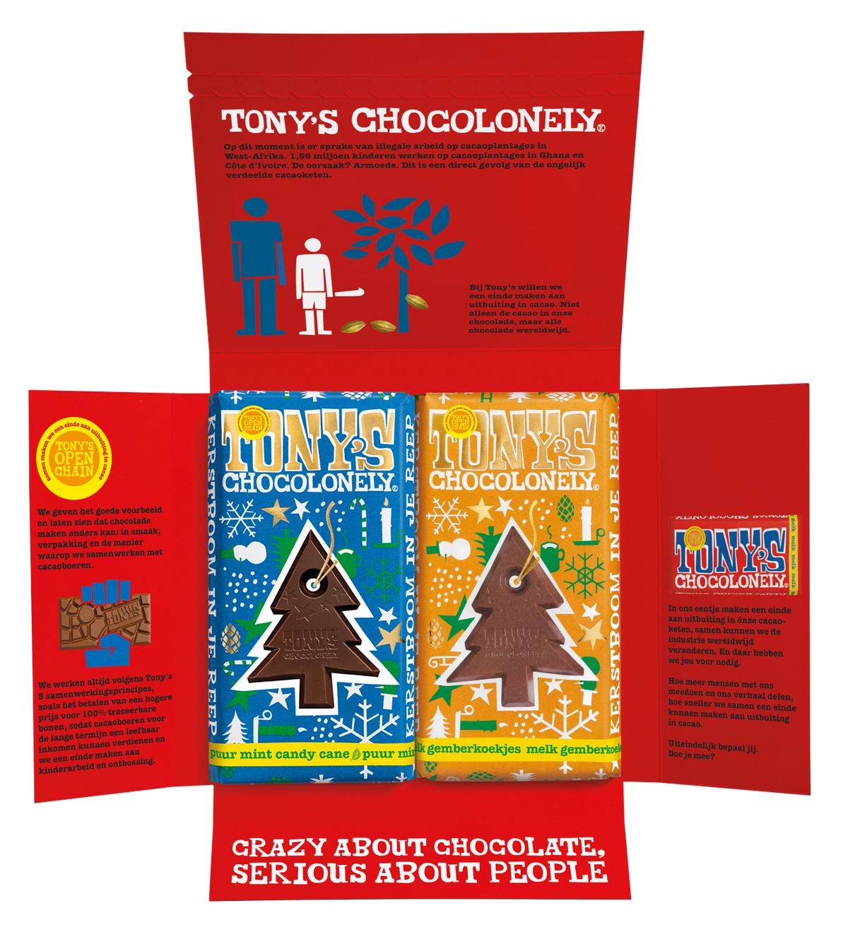 Tony's Chocolonely Kerst cadeauset gemberkoekje en mint candy cane, geopende verpakking