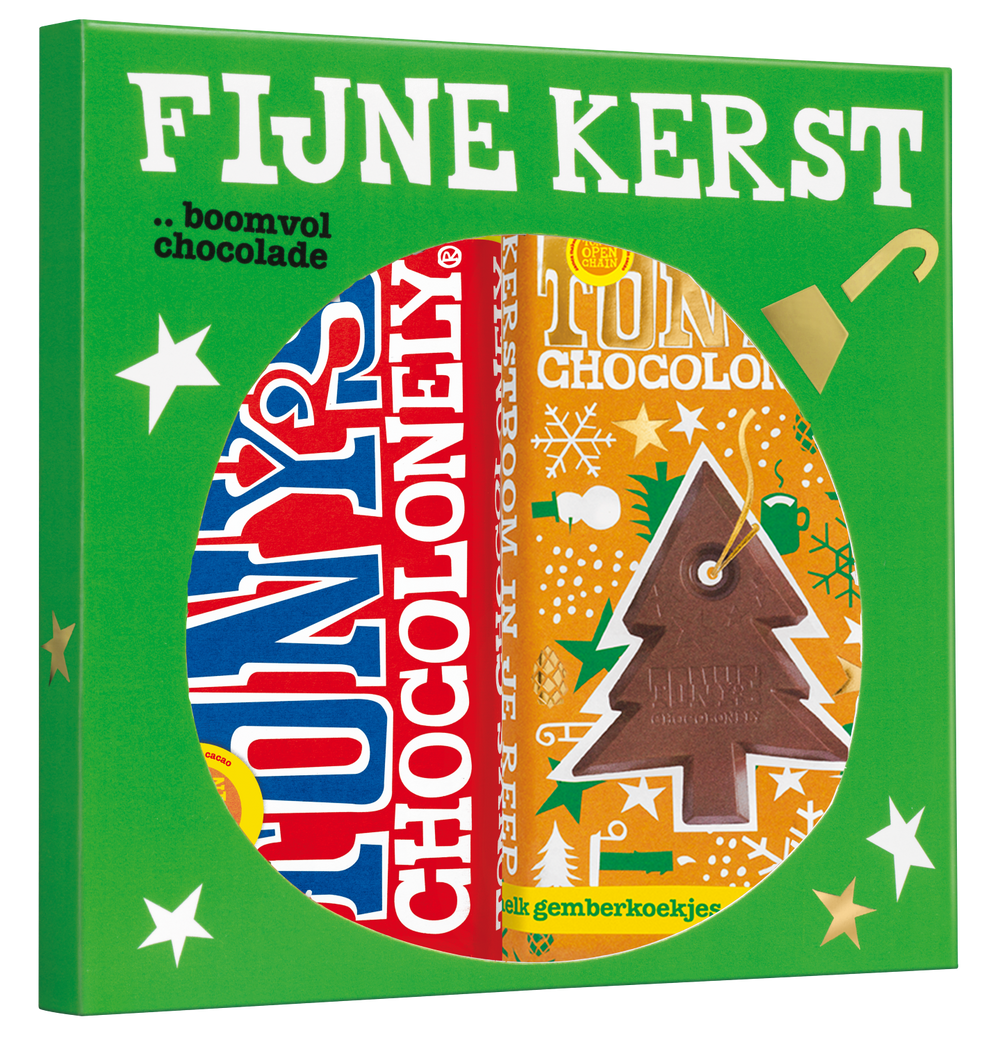 Tony's Chocolonely Kerst cadeauset melk en gemberkoekje, schuin van voren