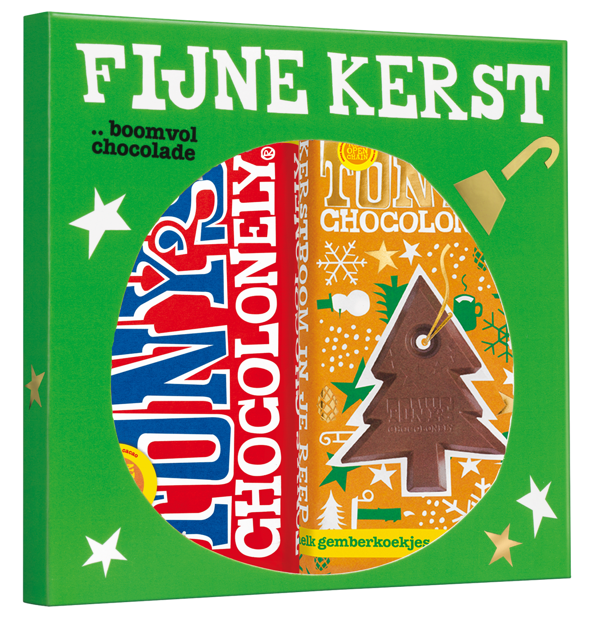Tony's Chocolonely Kerst cadeauset melk en gemberkoekje, schuin van voren