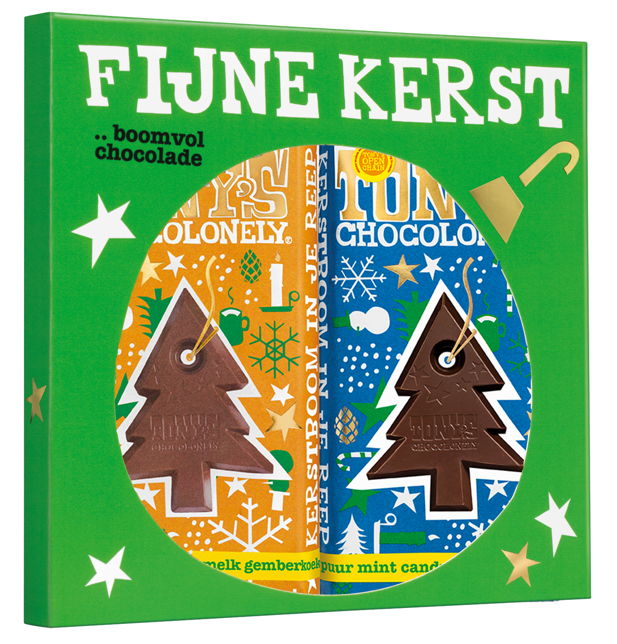 Tony's Chocolonely Kerst cadeauset gemberkoekje en mint candy cane, schuin van voren