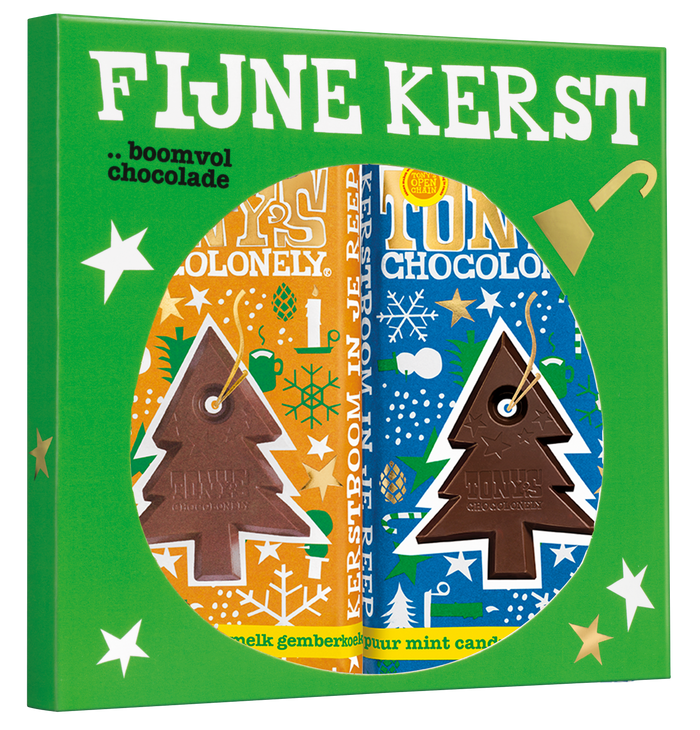 Tony's Chocolonely Kerst cadeauset gemberkoekje en mint candy cane, cadeaudoos met 2 repen