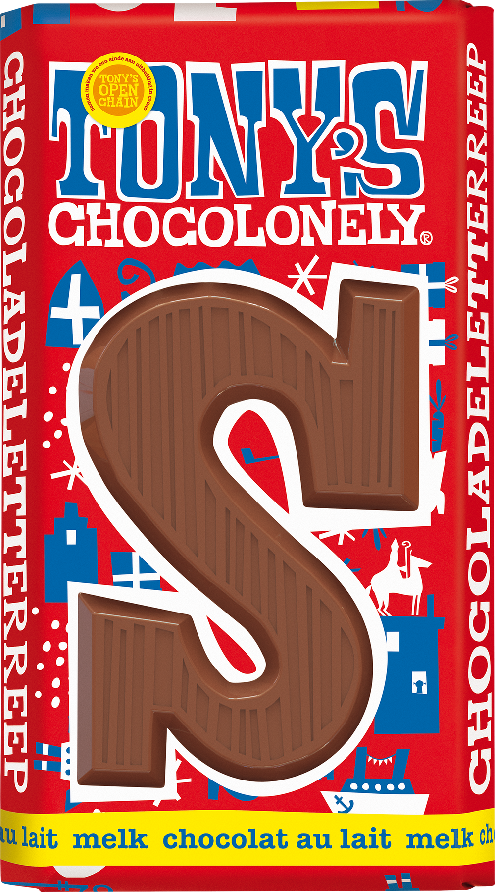 Tony's Chocolonely letterreep S melk, voorkant van de verpakking