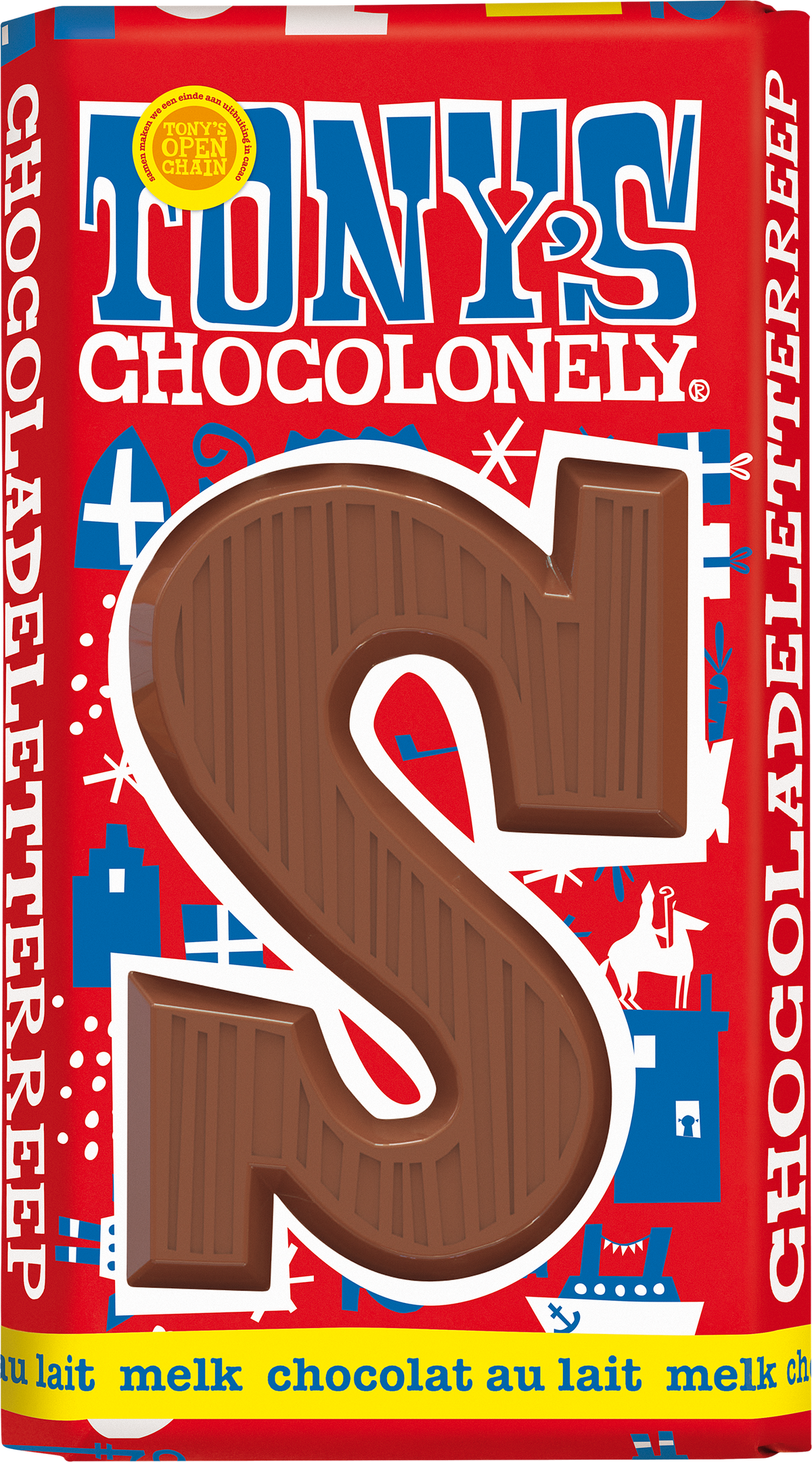 Tony's Chocolonely letterreep S melk, voorkant van de verpakking