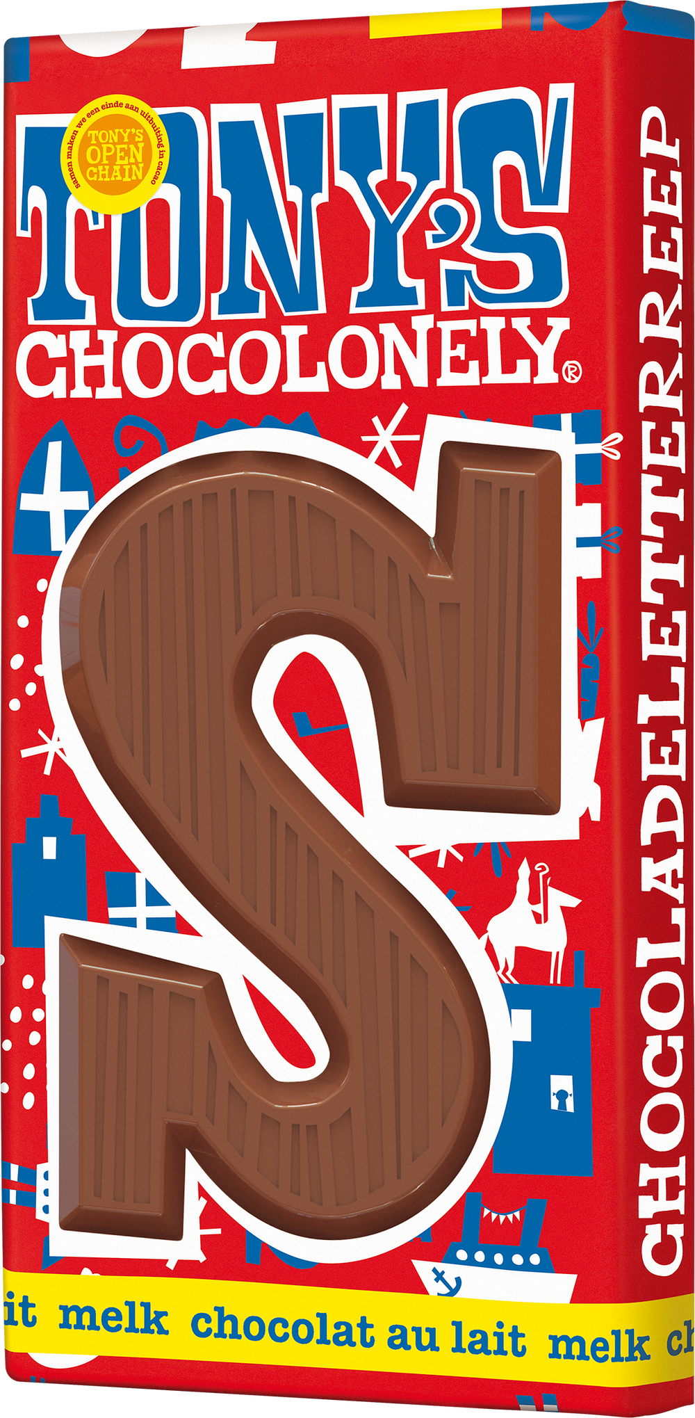 Tony's Chocolonely letterreep S melk, verpakking schuin van voren