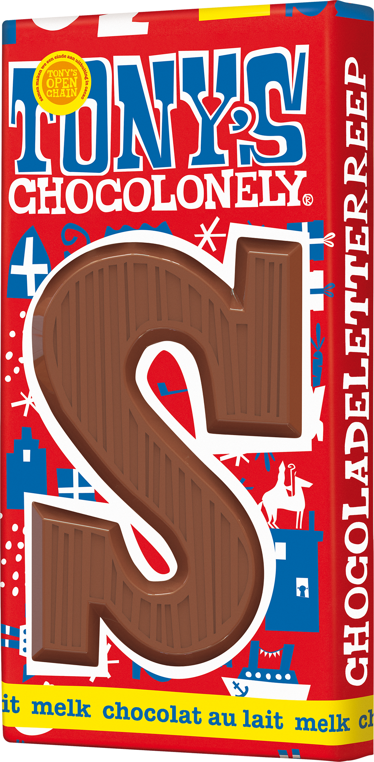 Tony's Chocolonely letterreep S melk, verpakking schuin van voren