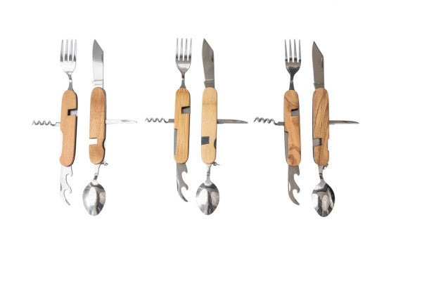 BE 10 Multifunctioneel Bestek – 6-in-1 outdoor bestek met beukenhout