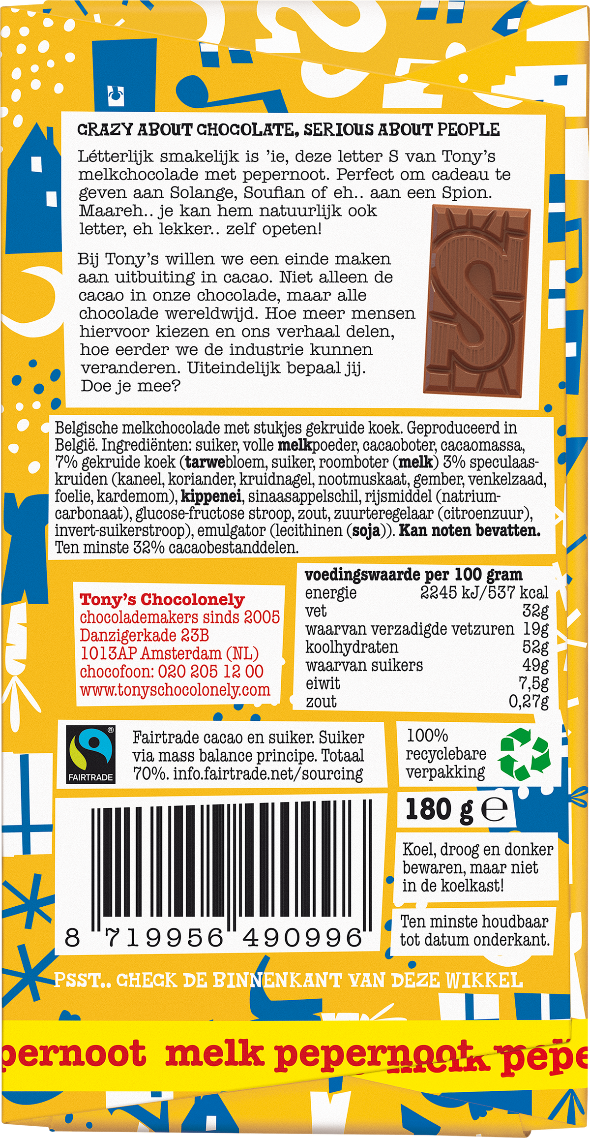 Achterkant van de verpakking van de Tony's Chocolonely letterreep S melk pepernoot