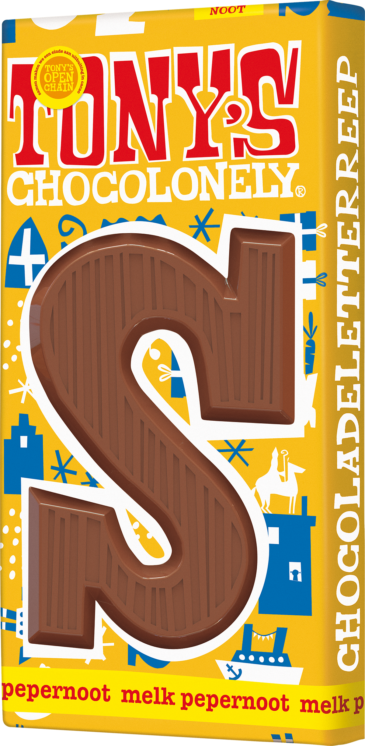 Tony's Chocolonely letterreep S melk pepernoot, verpakking schuin van voren