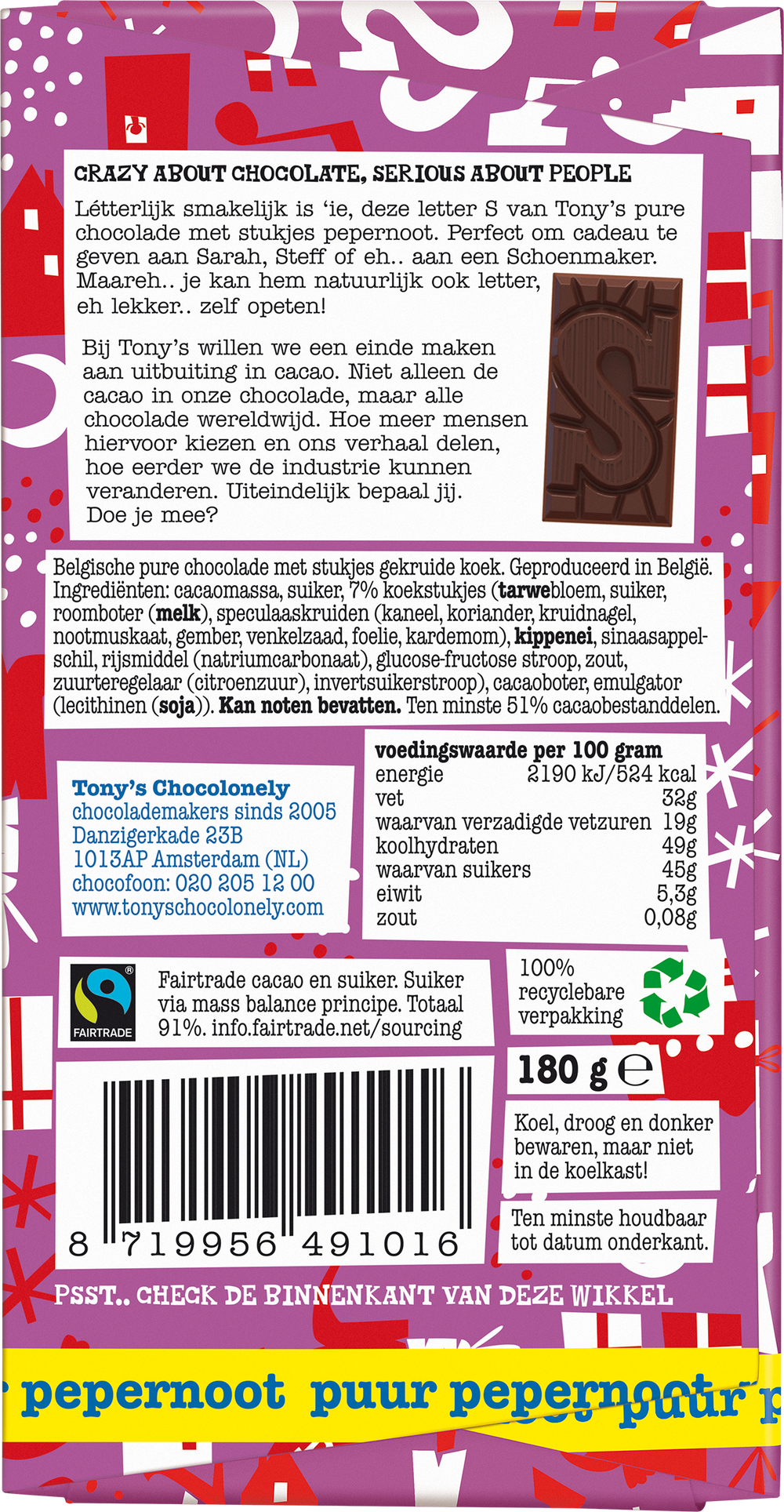 Achterkant van de verpakking van de Tony's Chocolonely letterreep S puur pepernoot