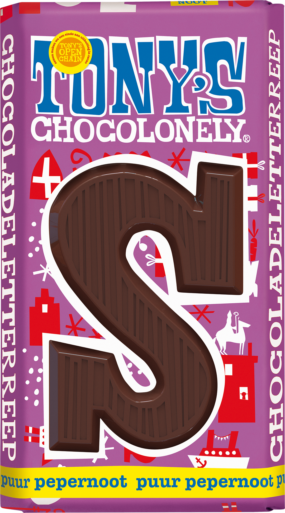 Tony's Chocolonely letterreep S puur pepernoot, voorkant van de verpakking