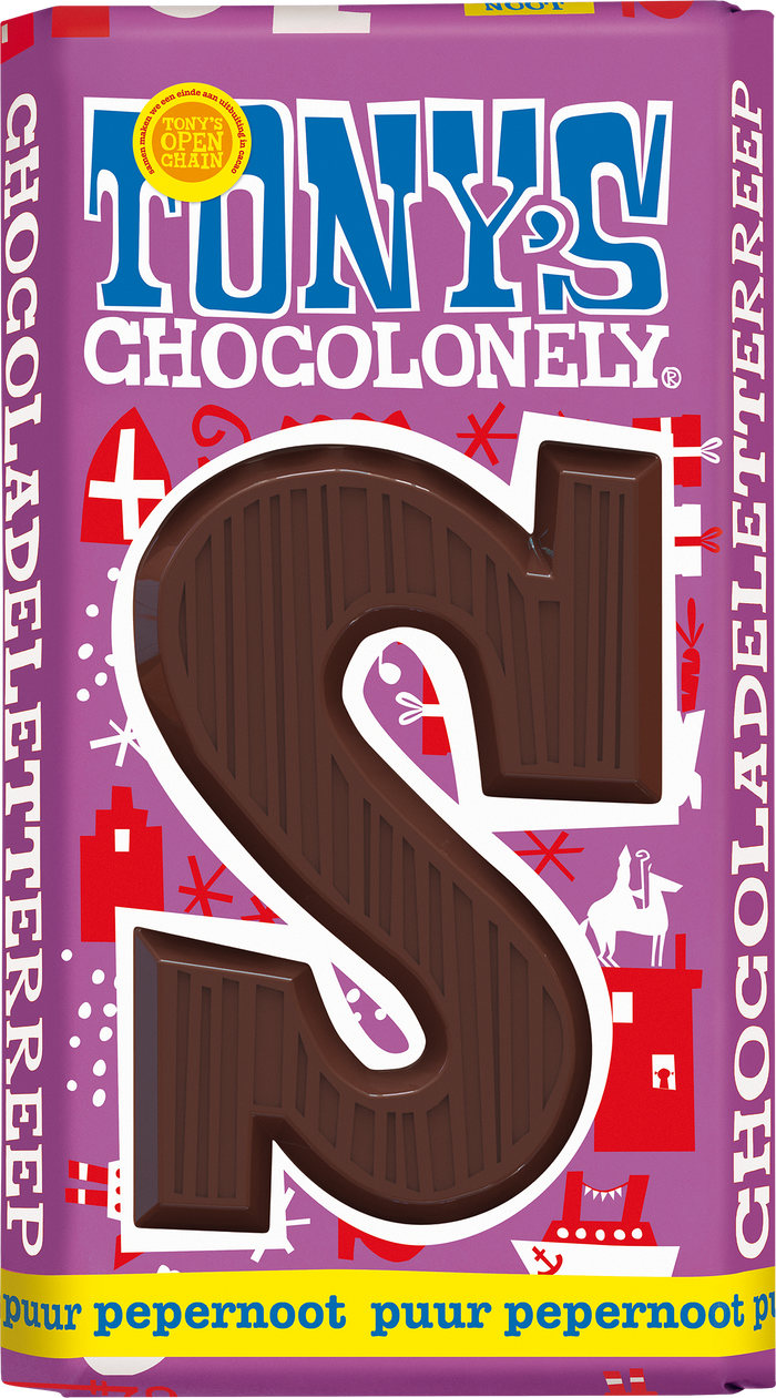Tony's Chocolonely letterreep S puur pepernoot, doos van 15 repen
