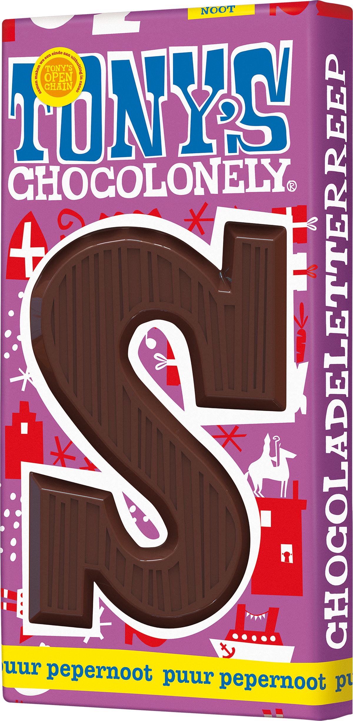 Tony's Chocolonely letterreep S puur pepernoot, verpakking schuin van voren