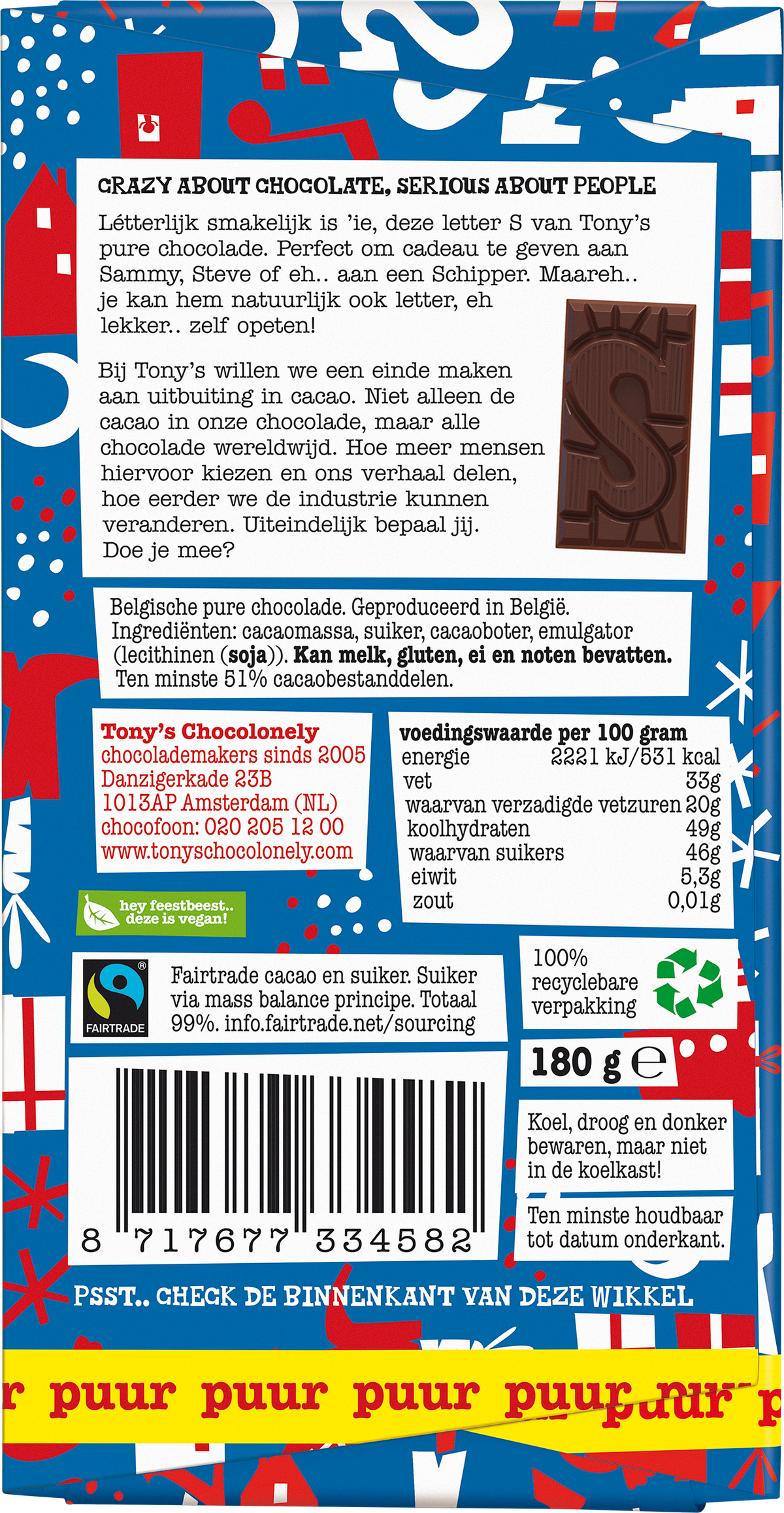 Achterkant van de verpakking van de Tony's Chocolonely letterreep S puur