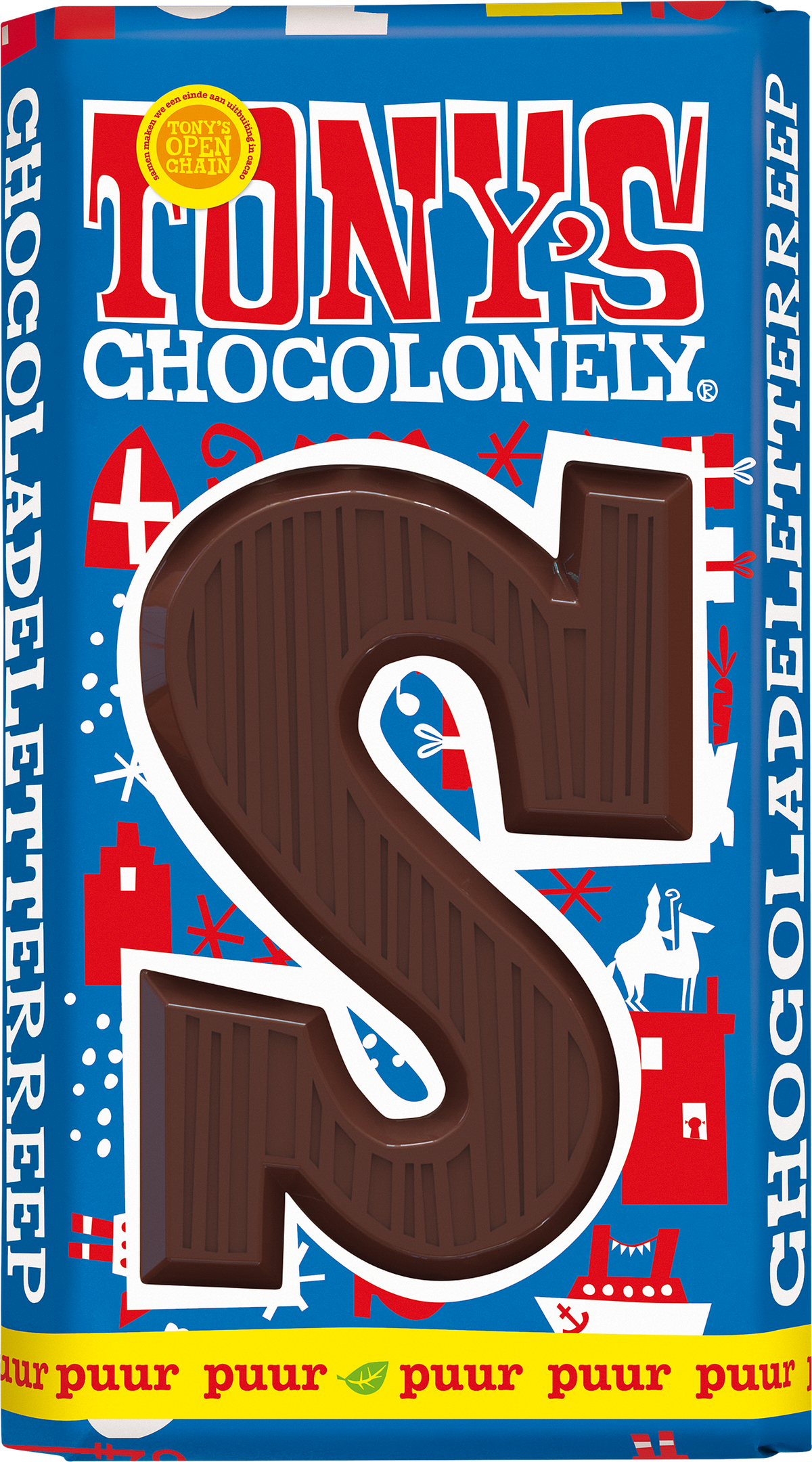 Tony's Chocolonely letterreep S puur, voorkant van de verpakking