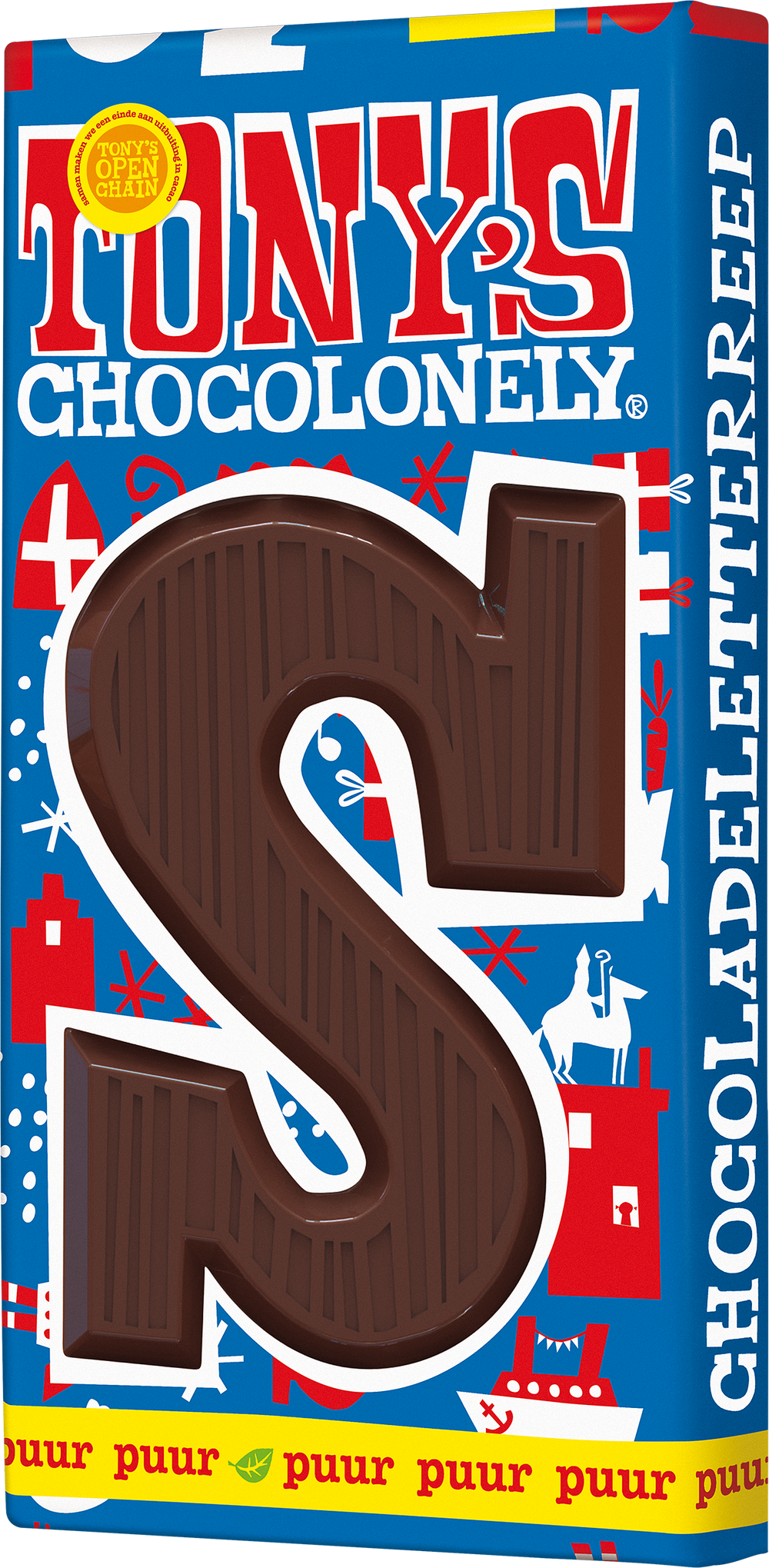 Tony's Chocolonely letterreep S puur, verpakking schuin van voren