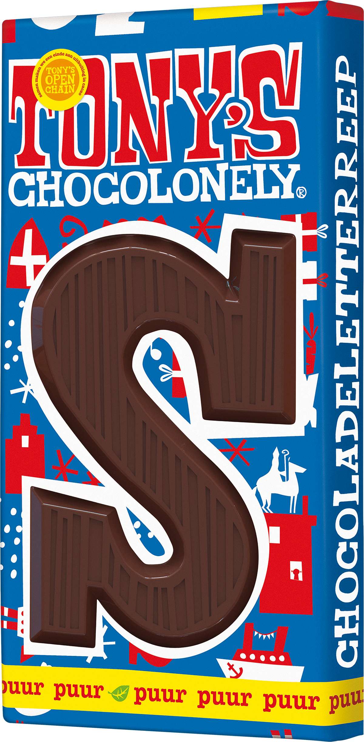 Tony's Chocolonely letterreep S puur, verpakking schuin van voren