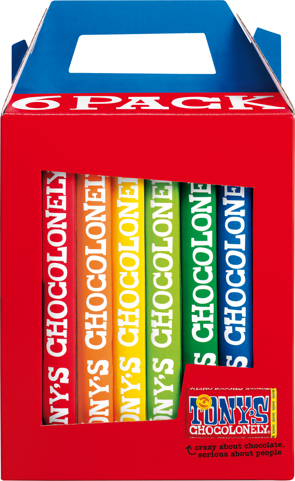 Tony's Chocolonely 6-pack, voorkant van de verpakking