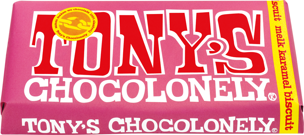 Tony's Chocolonely reep melk karamel biscuit, schuin van voren