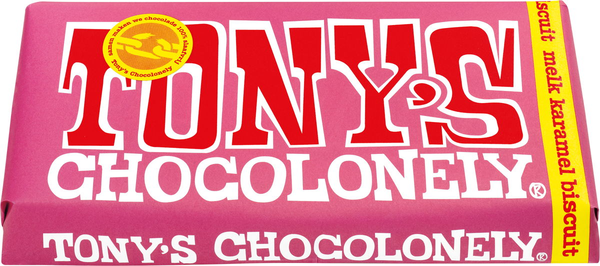 Tony's Chocolonely reep melk karamel biscuit, schuin van voren