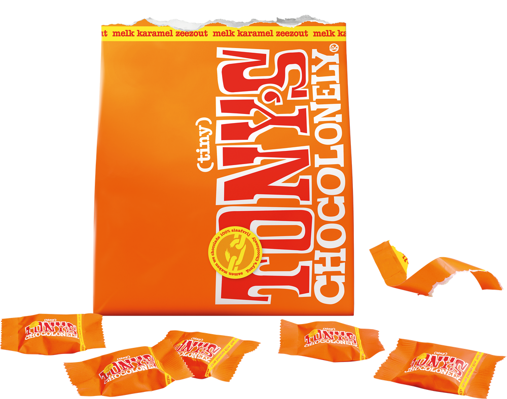 Tiny Tony's melk karamel zeezout zak, geopende verpakking