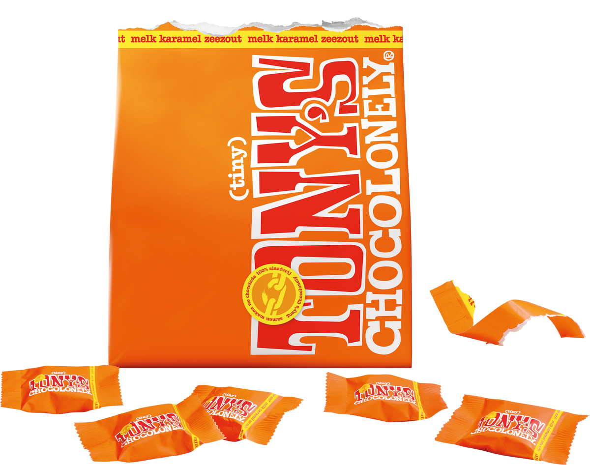Tiny Tony's melk karamel zeezout zak, geopende verpakking