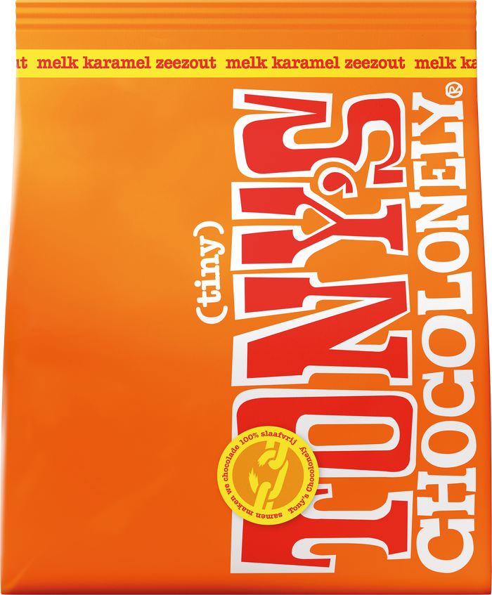 Tiny Tony's melk karamel zeezout zak (135 gram), doos van 6 zakken