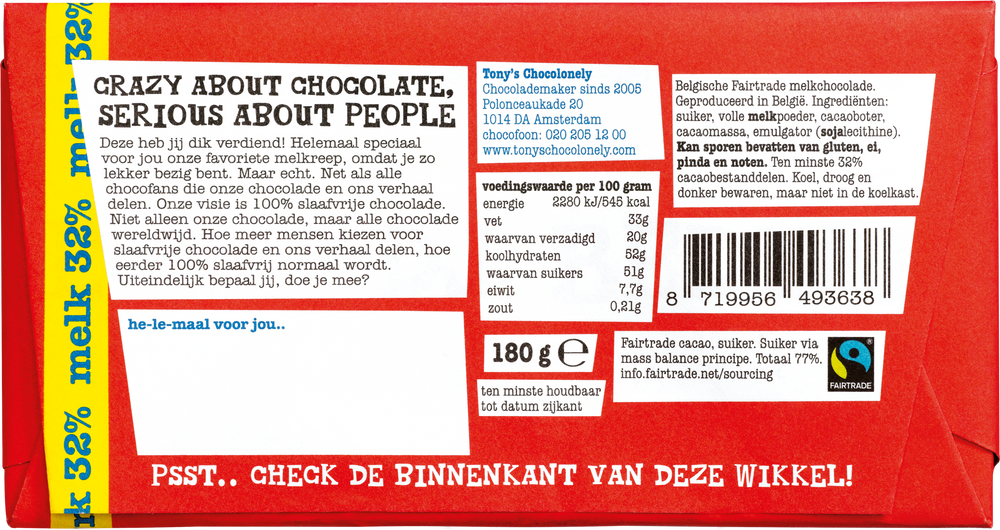 Achterkant van de verpakking van Tony's Chocolonely cadeaureep Je wordt bedankt